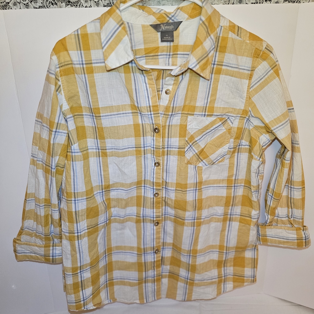 Natural Reflections Yellow and White Plaid Button Down Shirt